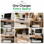 Ghostcharger product displayed in various indoor settings with labeled use cases.